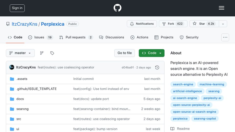 Screenshot of github.com: Perplexica: Open-source Perplexity alternative