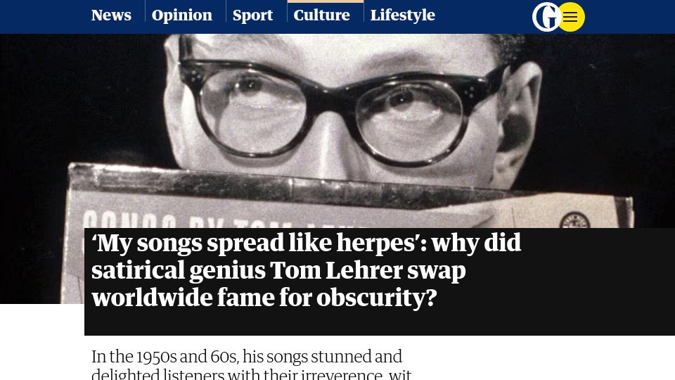Screenshot of theguardian.com: Why did Tom Lehrer swap fame for obscurity?
