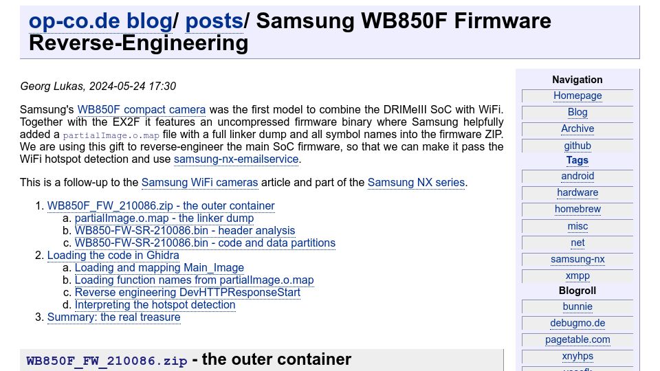 Screenshot of op-co.de: Samsung WB850F Firmware Reverse Engineering