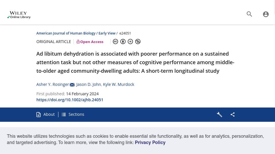 Screenshot of onlinelibrary.wiley.com: Dehydration associated with poorer performance on attention tasks among adults