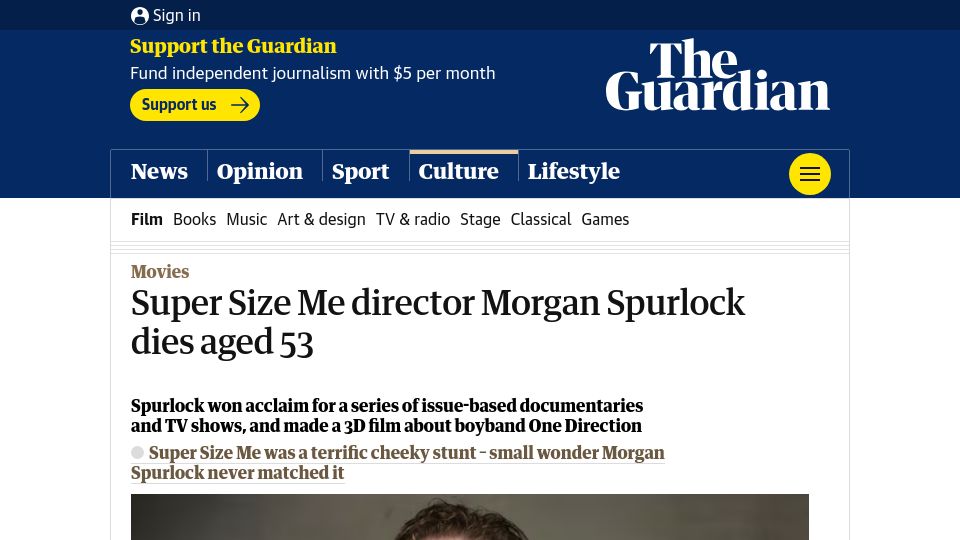Screenshot of theguardian.com: Morgan Spurlock has died