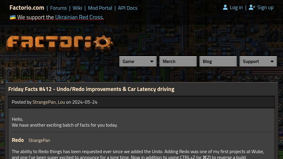 Screenshot of factorio.com: Factorio Undo/Redo Improvements and Car Latency Driving