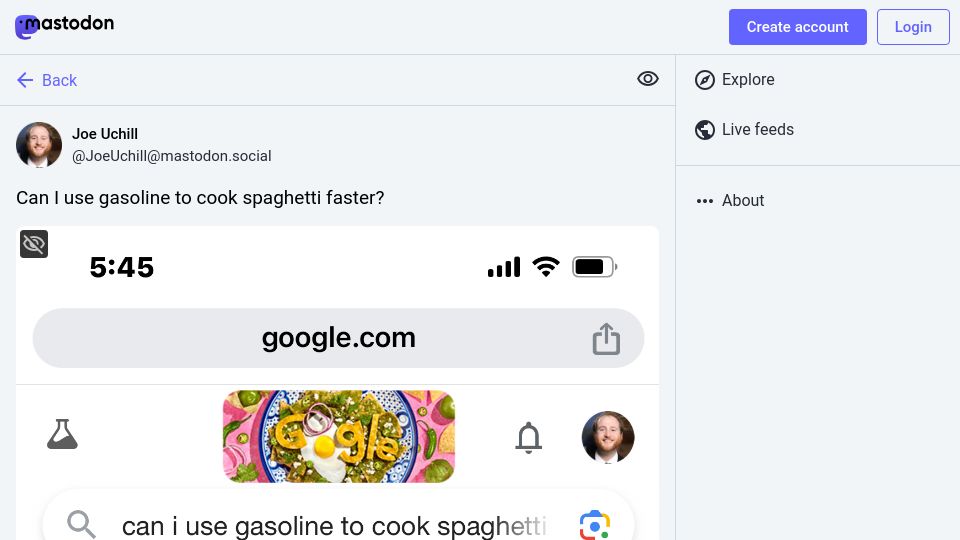 Screenshot of mastodon.social: Can I use gasoline to cook spaghetti faster?