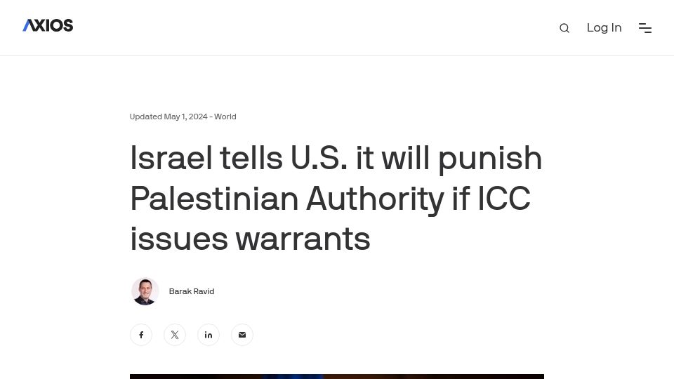 Screenshot of axios.com: Israel tells U.S. it will punish Palestinian Authority if ICC issues warrants