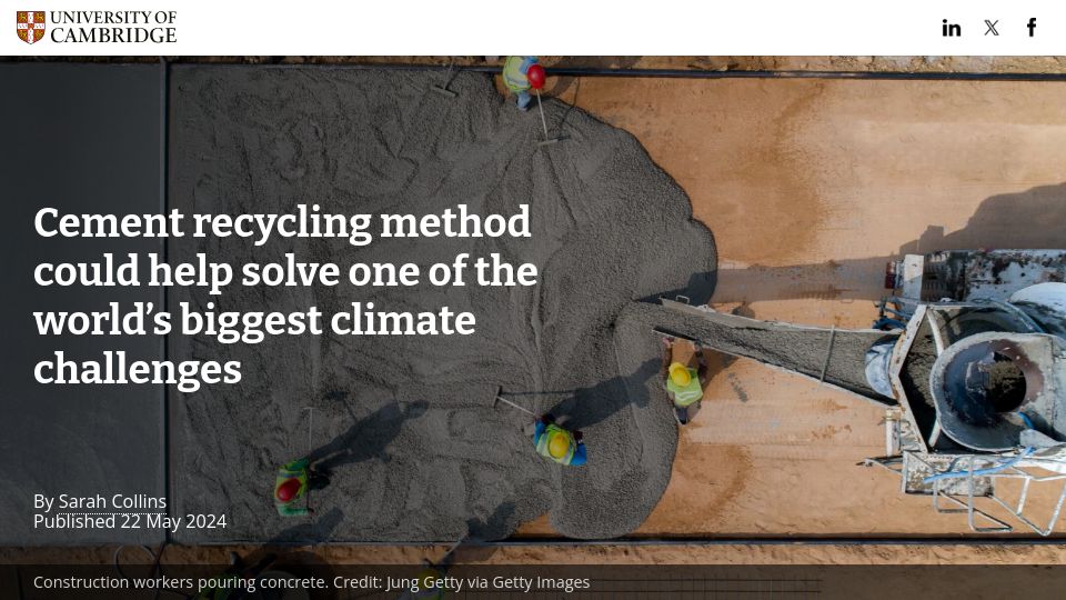 Screenshot of cam.ac.uk: Cement recycling method could help solve one of the big climate challenges