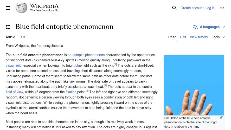 Screenshot of en.wikipedia.org: Blue field entoptic phenomenon