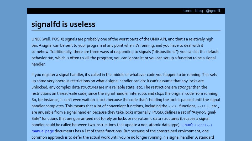 Screenshot of ldpreload.com: Signalfd Is Useless (2015)