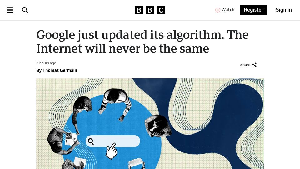 Screenshot of bbc.com: Google just updated its algorithm. The Internet will never be the same