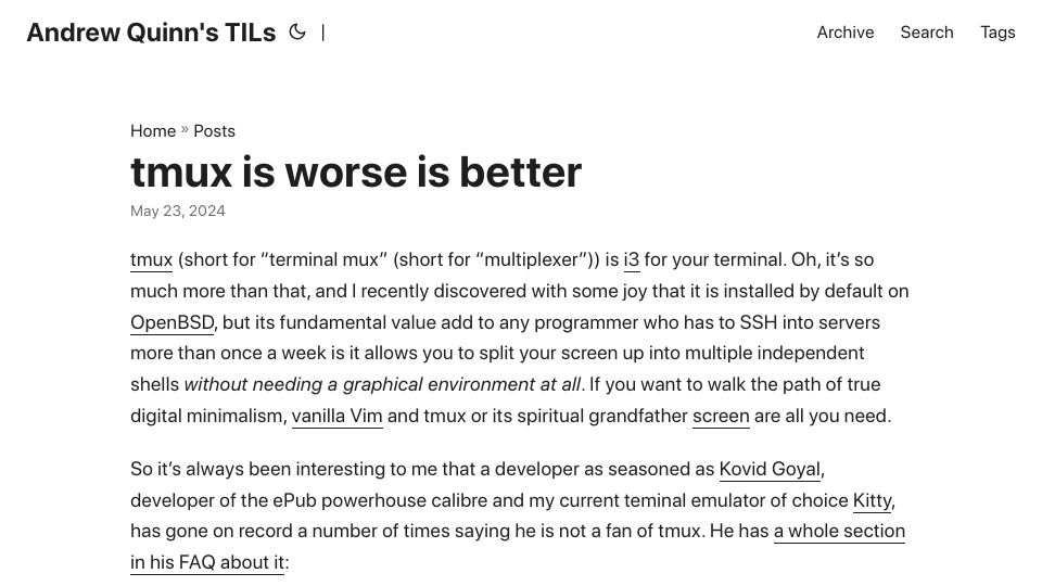 Screenshot of hiandrewquinn.github.io: Tmux is worse-is-better