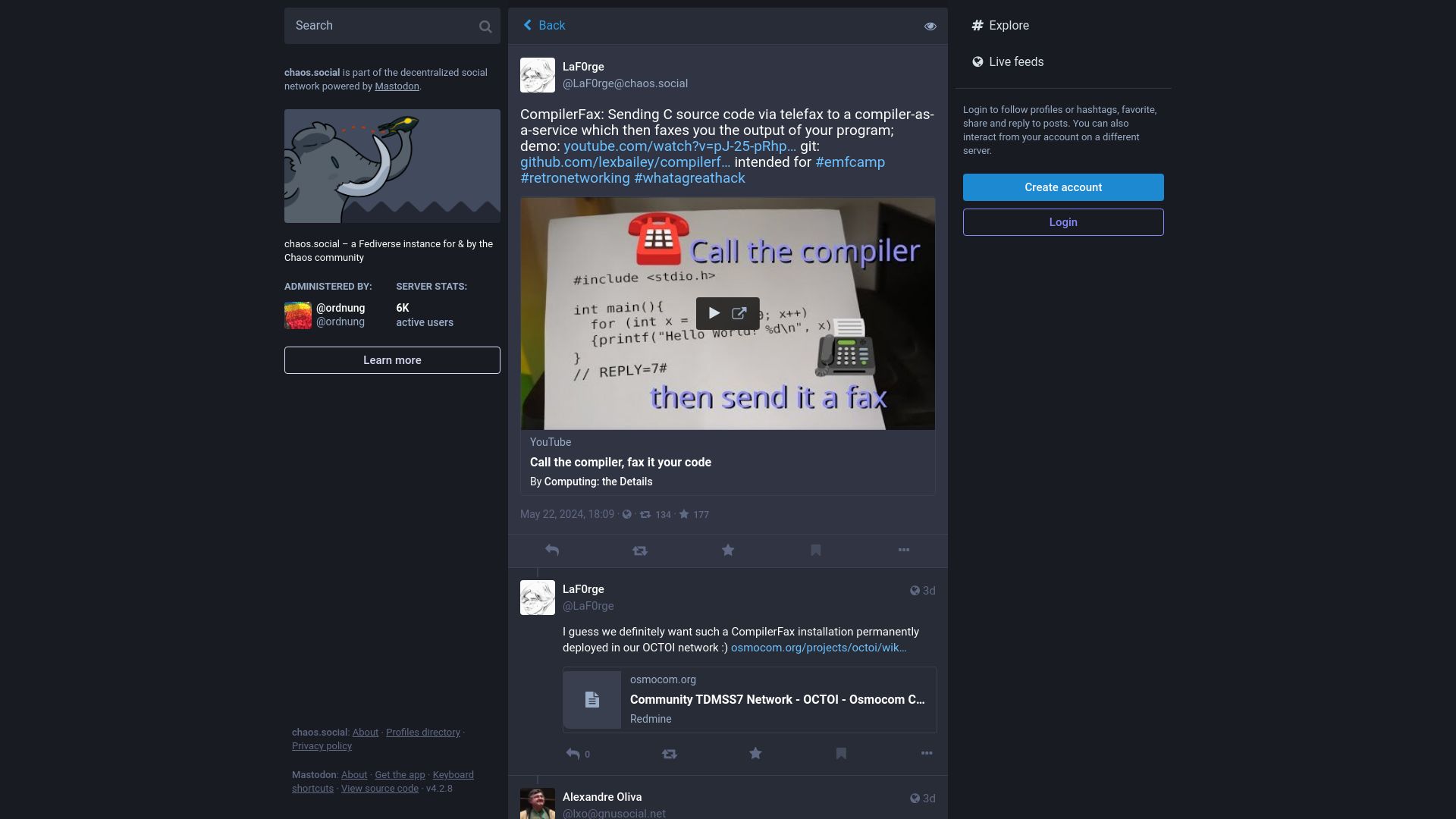 Screenshot of chaos.social: CompilerFax: Sending C source code via telefax to a compiler-as-a-service