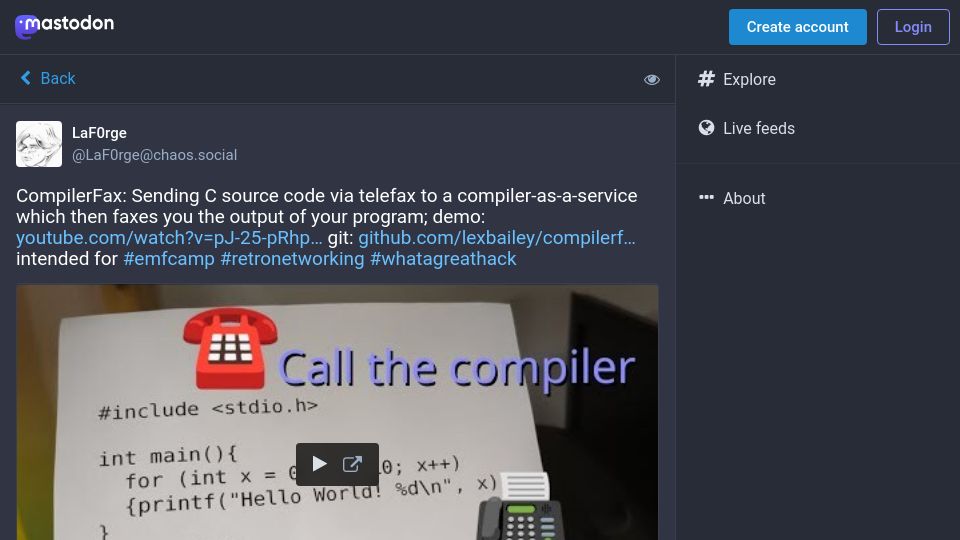Screenshot of chaos.social: CompilerFax: Sending C source code via telefax to a compiler-as-a-service
