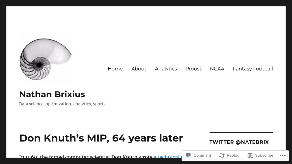 Screenshot of nathanbrixius.wordpress.com: Don Knuth's MIP, 64 years later