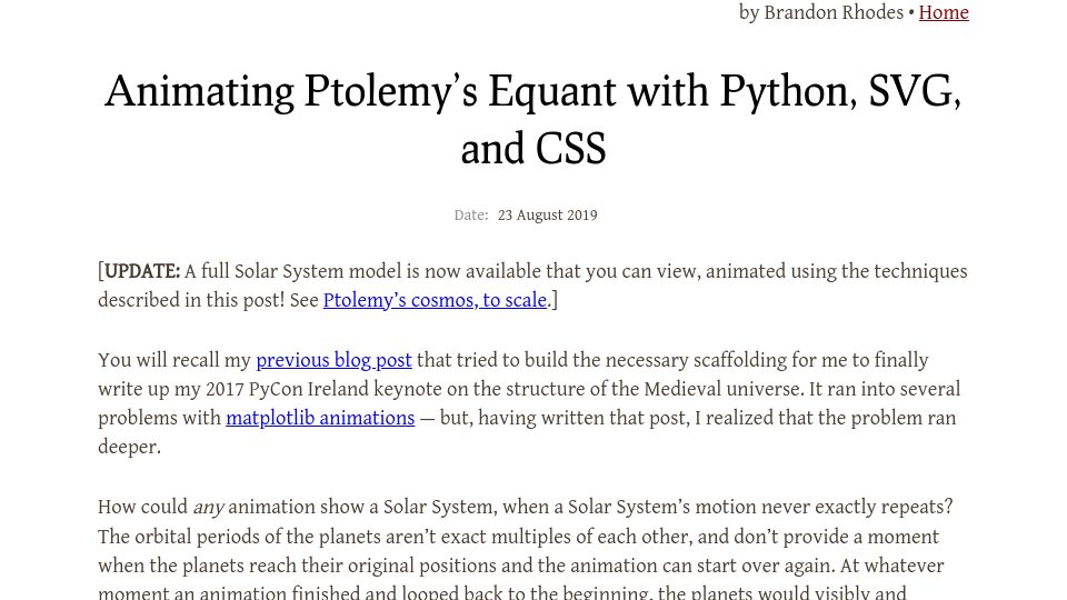 Screenshot of rhodesmill.org: Animating Ptolemy's Equant with Python, SVG, and CSS