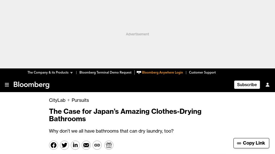 Screenshot of bloomberg.com: Japan's clothes-drying bathrooms