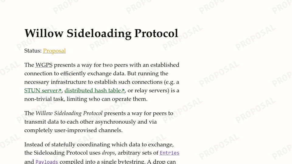 Screenshot of willowprotocol.org: Willow Sideloading Protocol