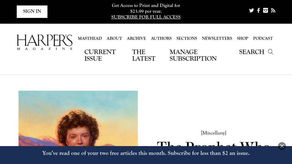 Screenshot of harpers.org: The Prophet Who Failed