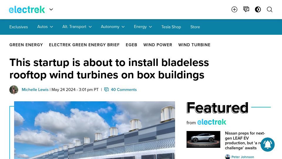 Screenshot of electrek.co: Startup is about to install bladeless rooftop wind turbines on box buildings