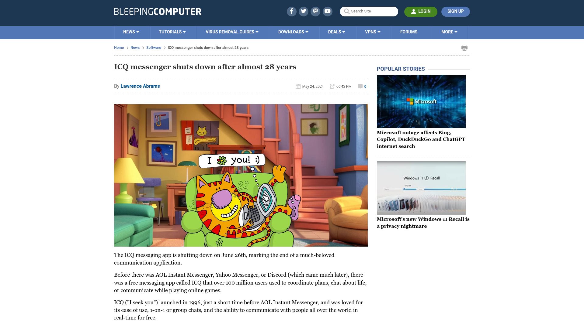 Screenshot of bleepingcomputer.com: ICQ messenger shuts down after almost 28 years