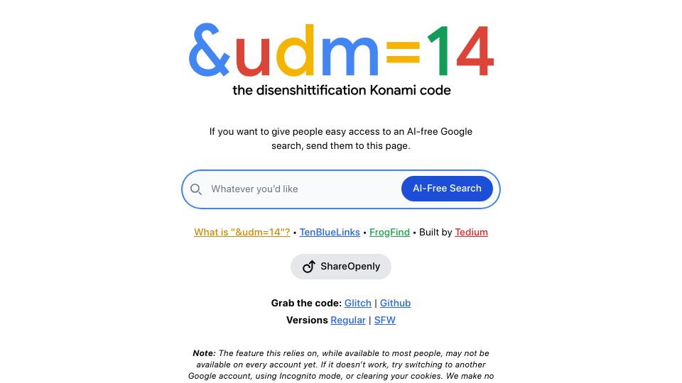 Screenshot of udm14.com: &udm=14 – easy access to an AI-free Google search