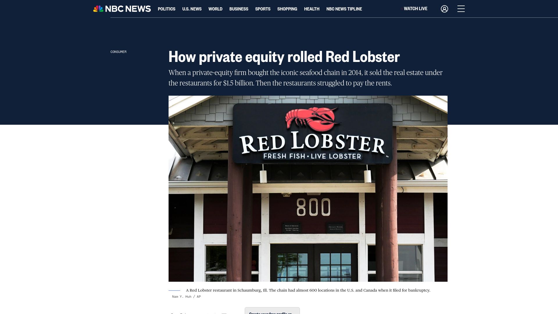 Screenshot of nbcnews.com: How private equity rolled Red Lobster