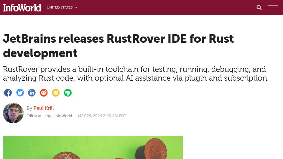 Screenshot of infoworld.com: JetBrains releases RustRover IDE for Rust development