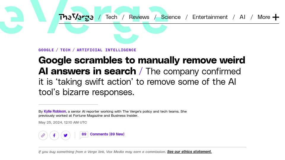Screenshot of theverge.com: Google scrambles to manually remove weird AI answers in search