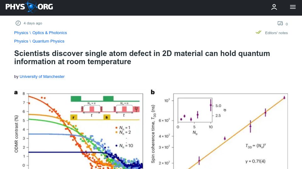Screenshot of phys.org: Single atom defect in 2D material can hold quantum information at room temp