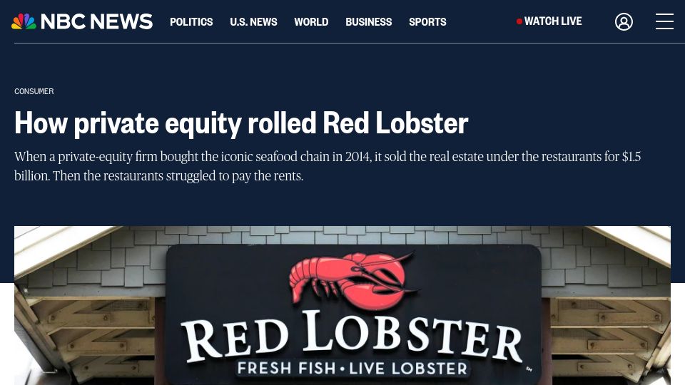 Screenshot of nbcnews.com: How private equity rolled Red Lobster