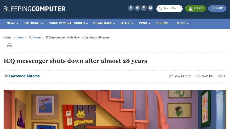 Screenshot of bleepingcomputer.com: ICQ messenger shuts down after almost 28 years