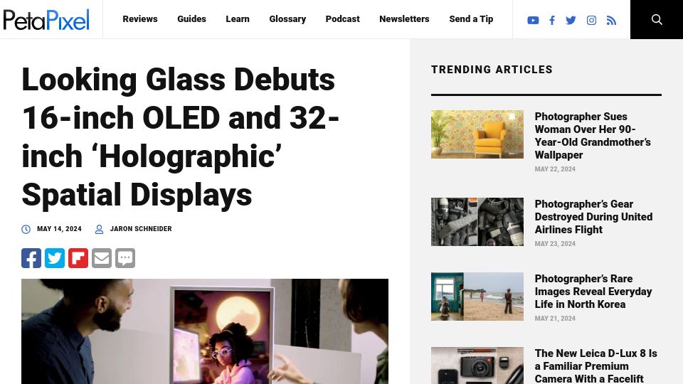 Screenshot of petapixel.com: Looking Glass debuts 16-inch OLED and 32-inch 'holographic' spatial displays