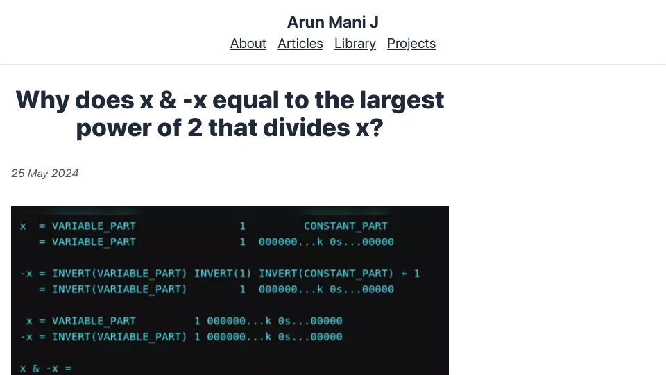 Screenshot of arunmani.in: Why is x & -x equal to the largest power of 2 that divides x?