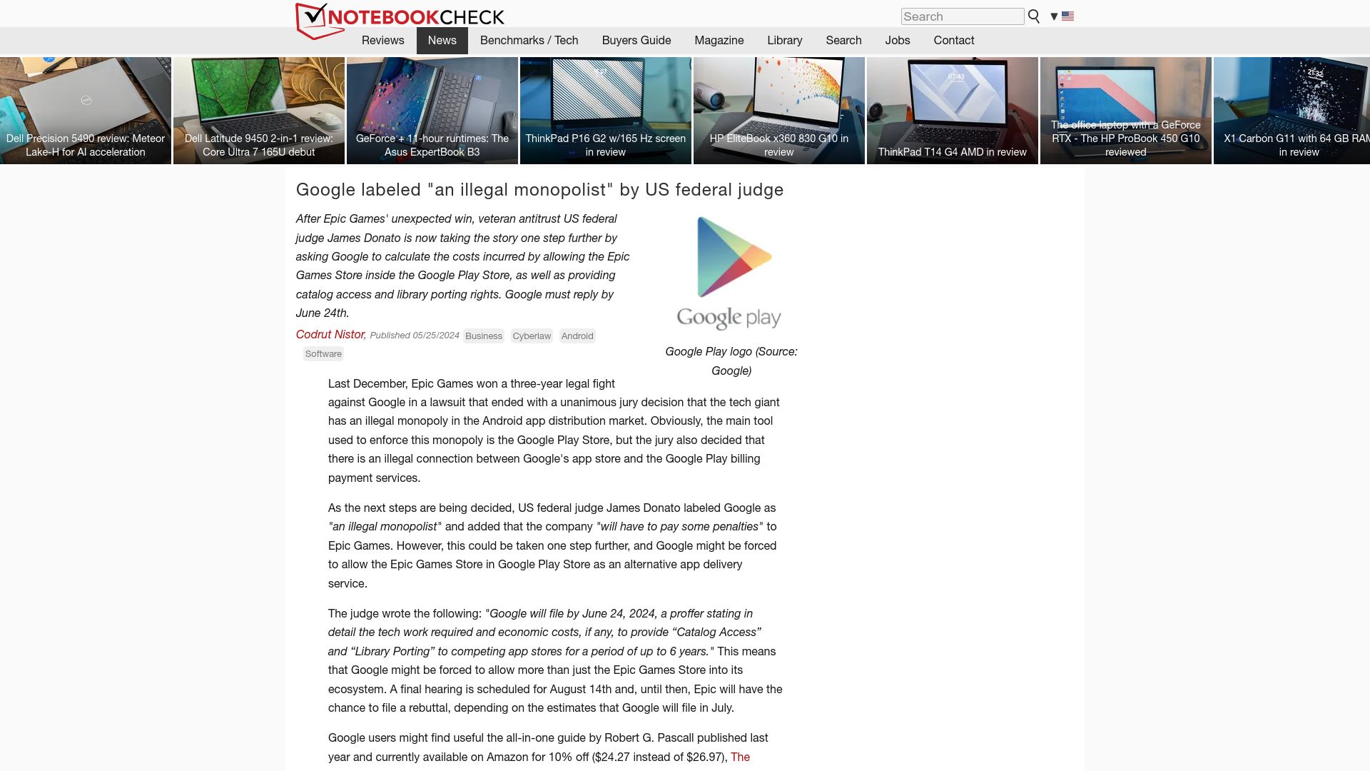 Screenshot of notebookcheck.net: Google labeled "an illegal monopolist" by US federal judge