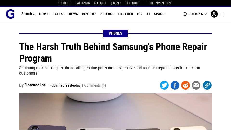 Screenshot of gizmodo.com: The Harsh Truth Behind Samsung's Phone Repair Program