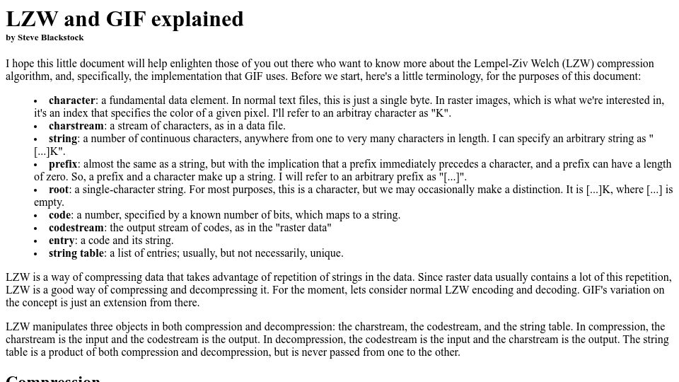 Screenshot of eecis.udel.edu: LZW and GIF explained