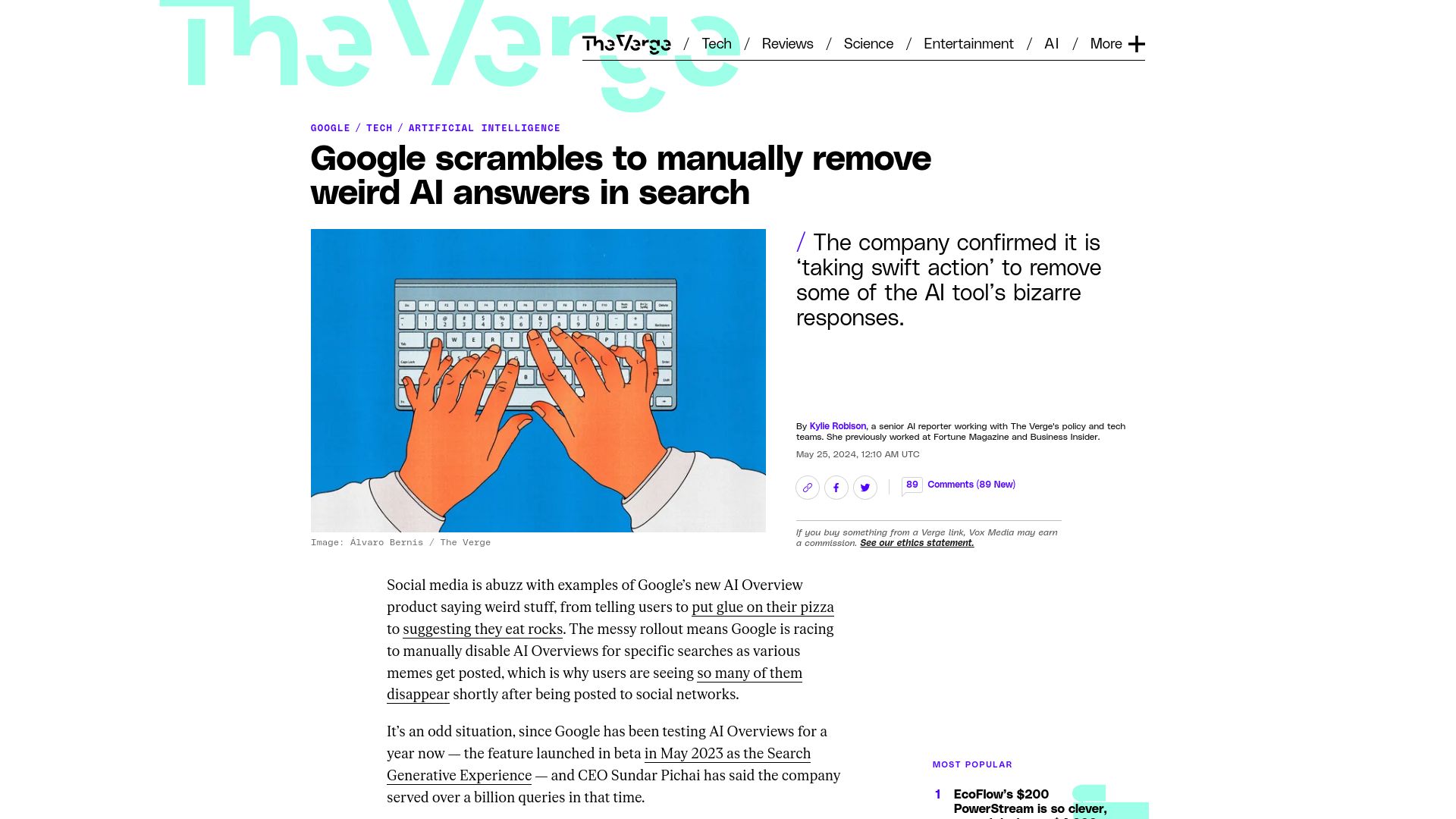Screenshot of theverge.com: Google scrambles to manually remove weird AI answers in search