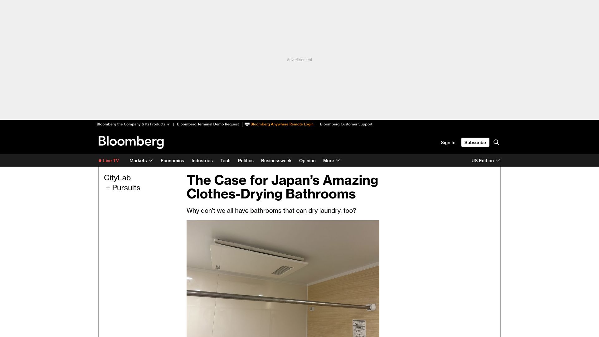 Screenshot of bloomberg.com: Japan's clothes-drying bathrooms