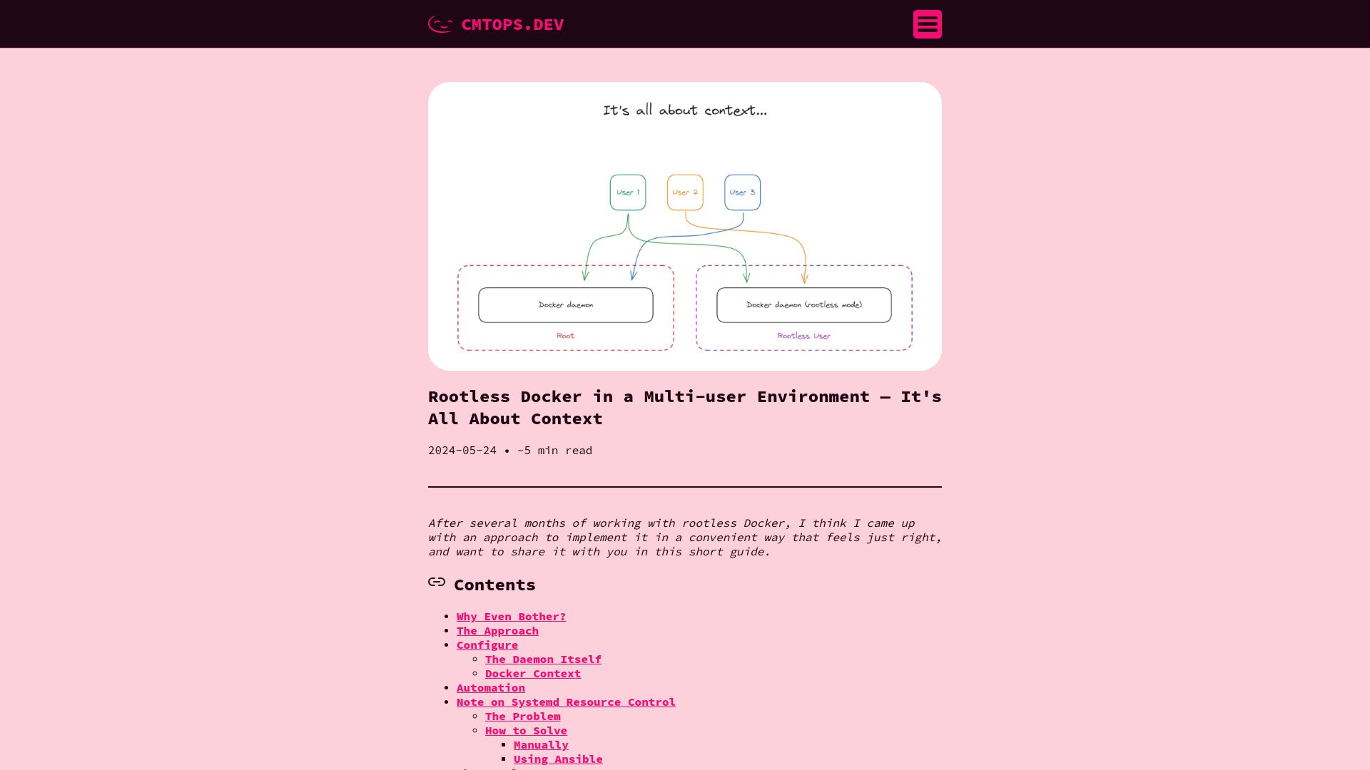 Screenshot of cmtops.dev: Rootless Docker in a multi-user environment