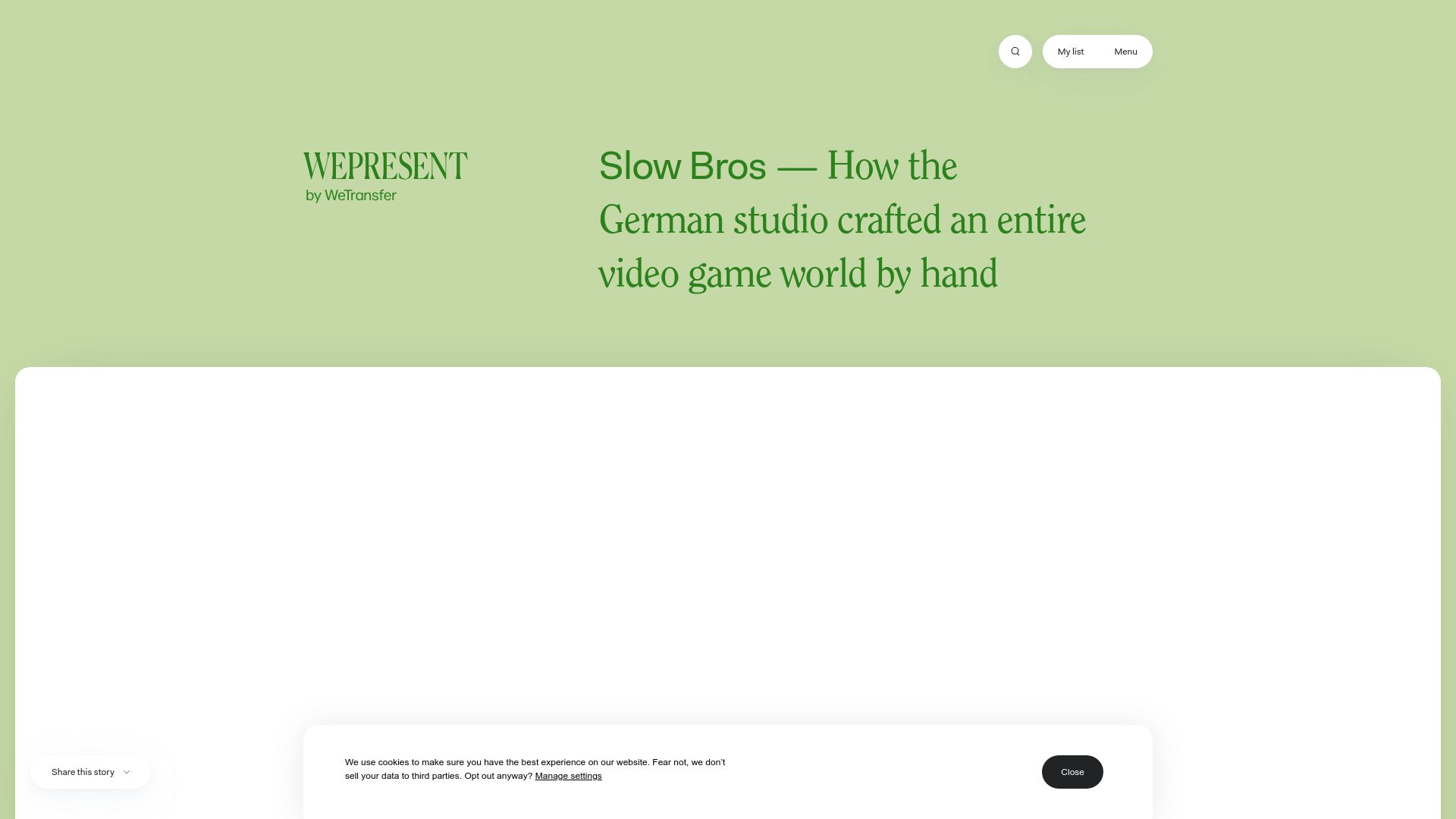 Screenshot of wepresent.wetransfer.com: Slow Bros crafted a video game universe by hand