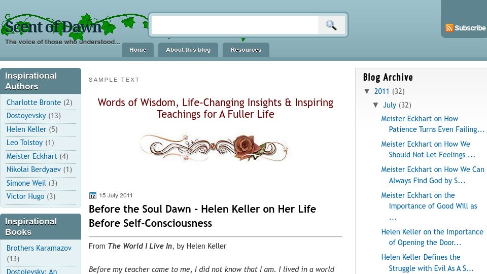 Screenshot of scentofdawn.blogspot.com: Helen Keller on her life before self-consciousness (1908)