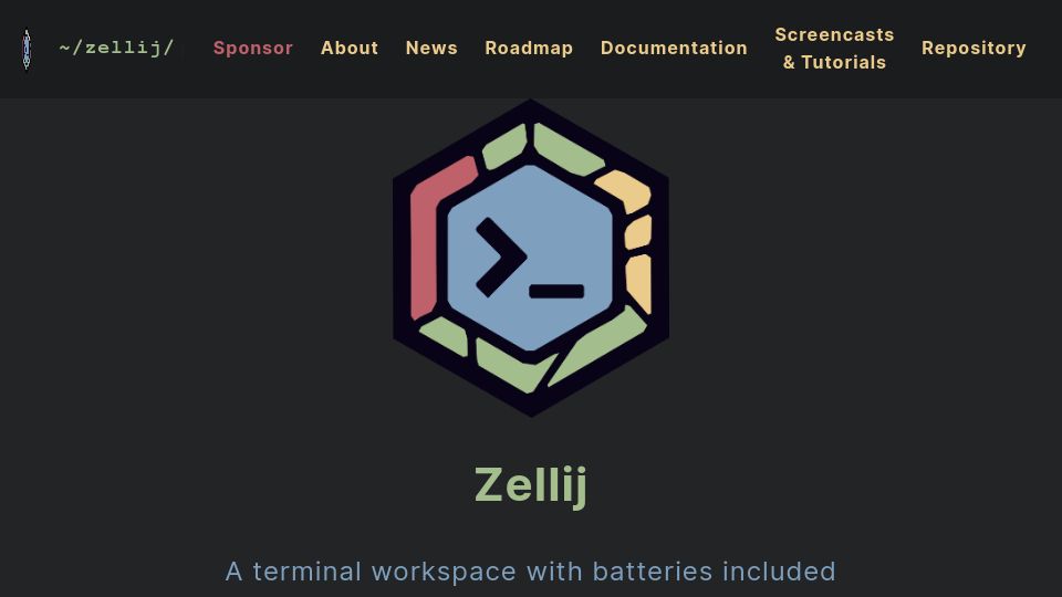 Screenshot of zellij.dev: Zellij: A terminal workspace with batteries included