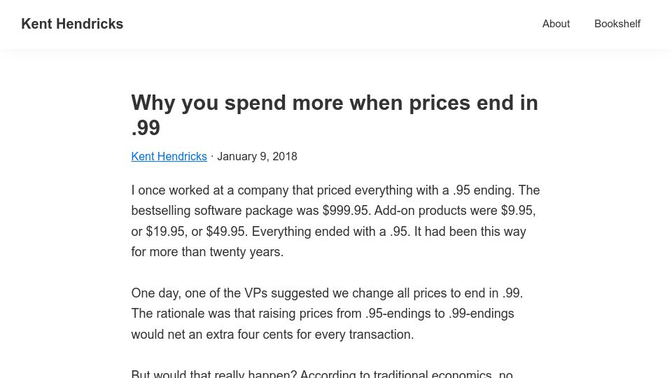 Screenshot of kenthendricks.com: People spend more when prices end in .99 (2018)
