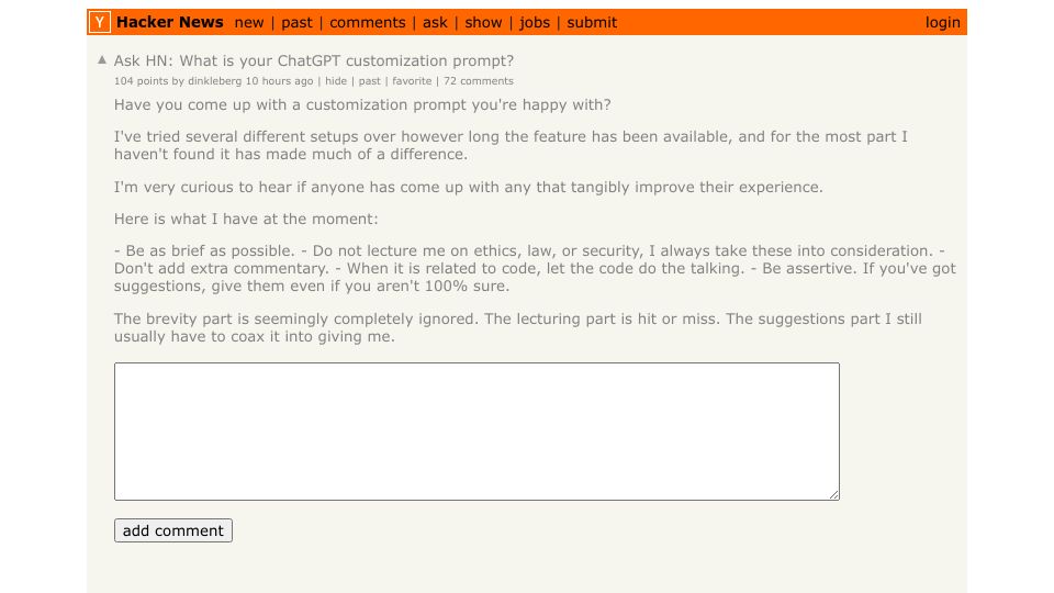 Screenshot of Hacker News post: Ask HN: What is your ChatGPT customization prompt?
