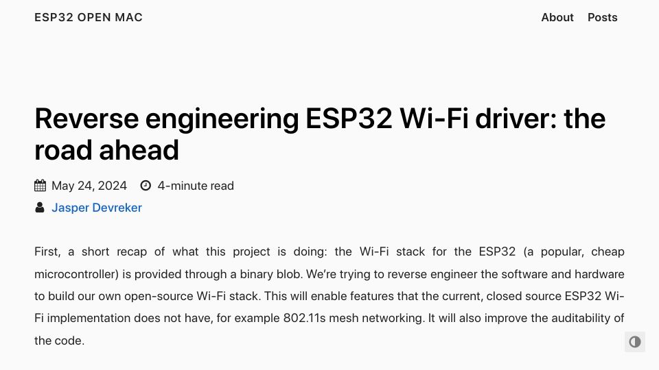 Screenshot of esp32-open-mac.be: Reverse engineering ESP32 Wi-Fi driver: the road ahead