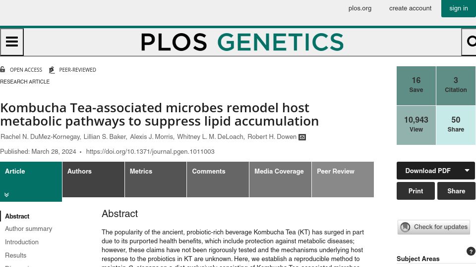 Screenshot of journals.plos.org: Kombucha-associated microbes alter host metabolism & suppress lipid accumulation