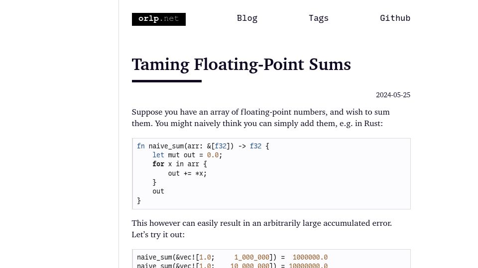 Screenshot of orlp.net: Taming floating-point sums