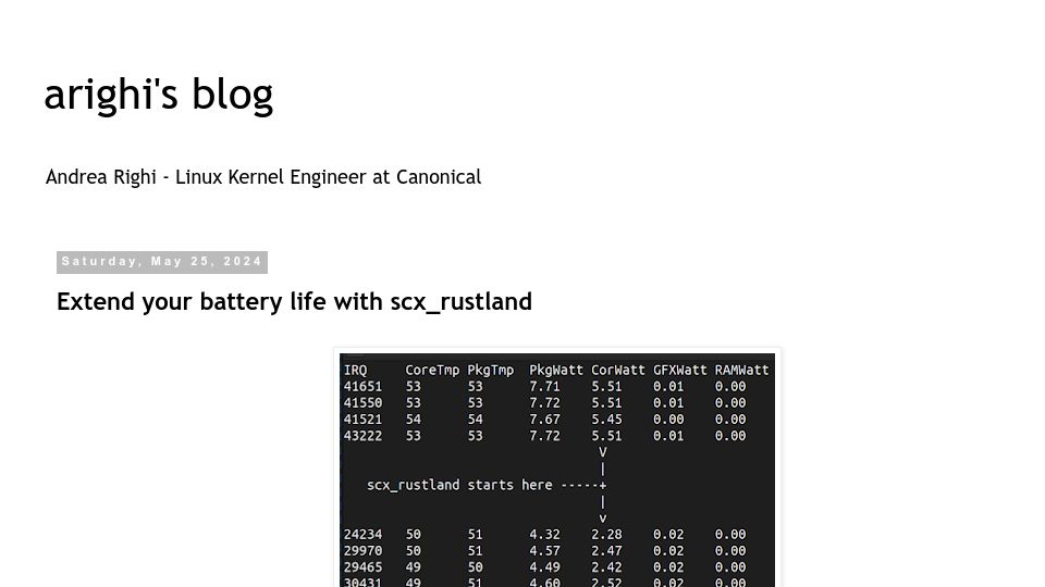 Screenshot of arighi.blogspot.com: Extend your battery life with scx_rustland