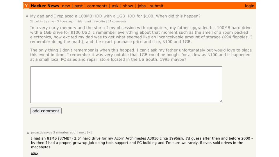 Screenshot of Hacker News post: My dad and I replaced a 100MB HDD with a 1GB HDD for $100. When did this happen?