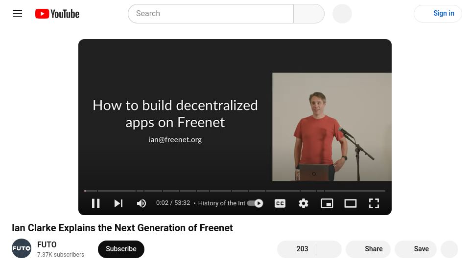 Screenshot of youtube.com: Ian Clarke explains the next generation of Freenet [video] (2023)