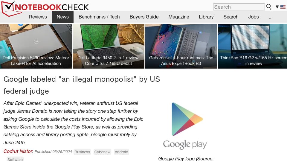 Screenshot of notebookcheck.net: Google labeled "an illegal monopolist" by US federal judge