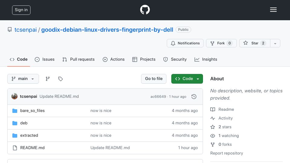 Screenshot of github.com: Goodix Fingerprint Drivers for Linux (Or at Least Debian)